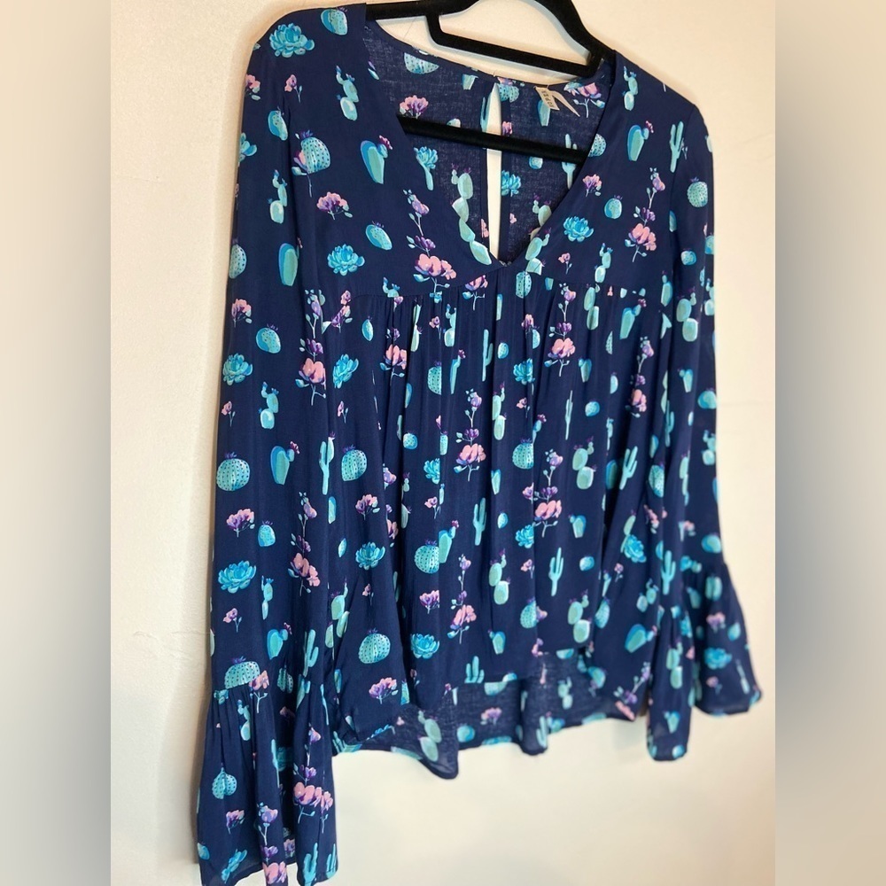 Roper~Navy Cactus Print Peasant Blouse~Empire Waist~Sheer Bell Sleeves~Size S - Picture 8 of 11